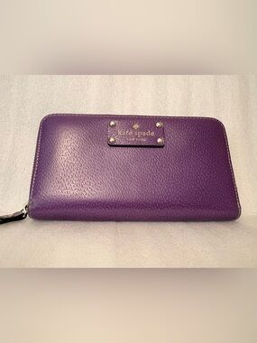 Kate Spade NY Plum Berry Leather Continental Zip Around Wallet Polka Dot Lining